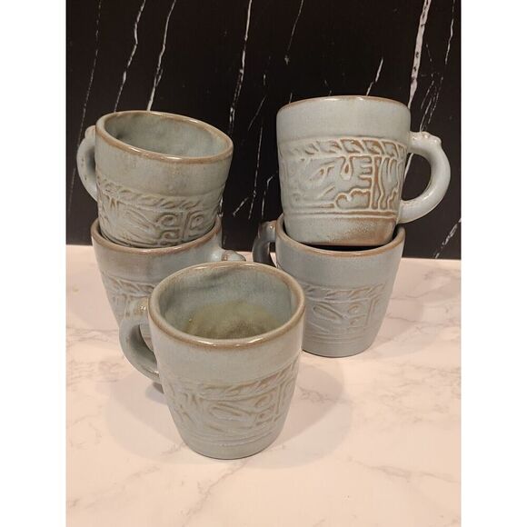 FRANKOMA Pottery Mugs /Cup 7C Blue /Green Mayan Aztec Set Of 5 Vintage MCM EUC - Picture 4 of 10